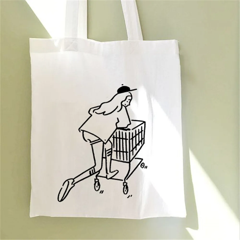 

New Classic Fashion Line Man Canvas Bage Cartoon Lines Shopping Bag Lady Handbag Reusable Large Capacity Tote Bags