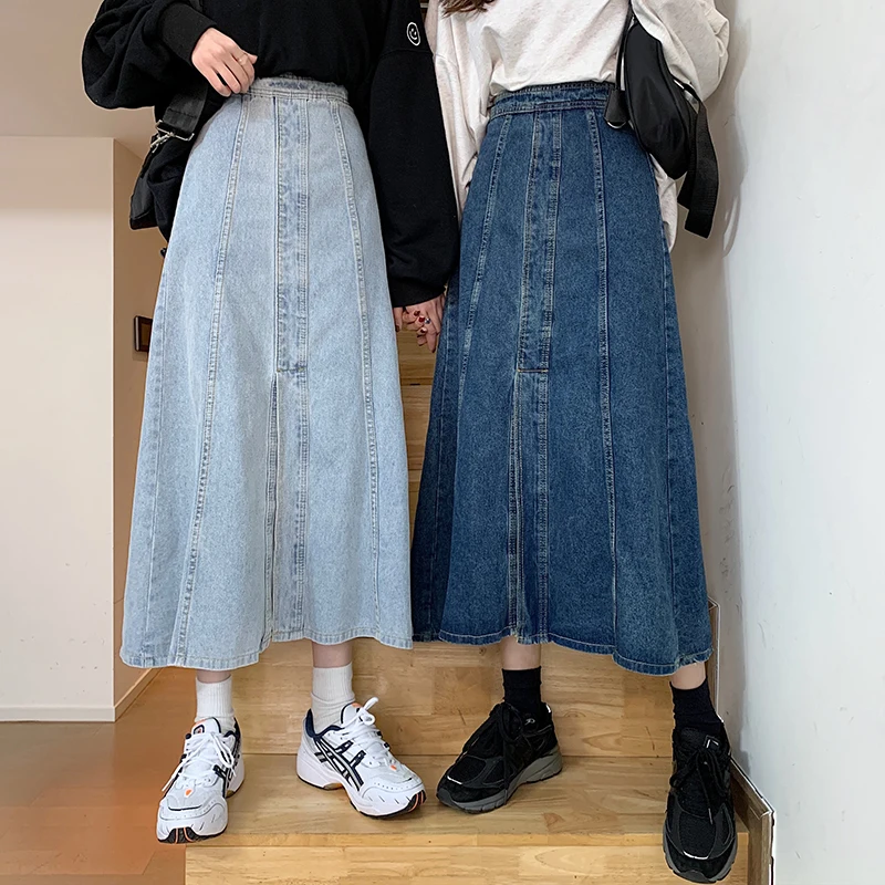 

Women 2021 Fashion Split Length Denim Skirts Vintage Ladies High Waist A-Line Midi Skirt