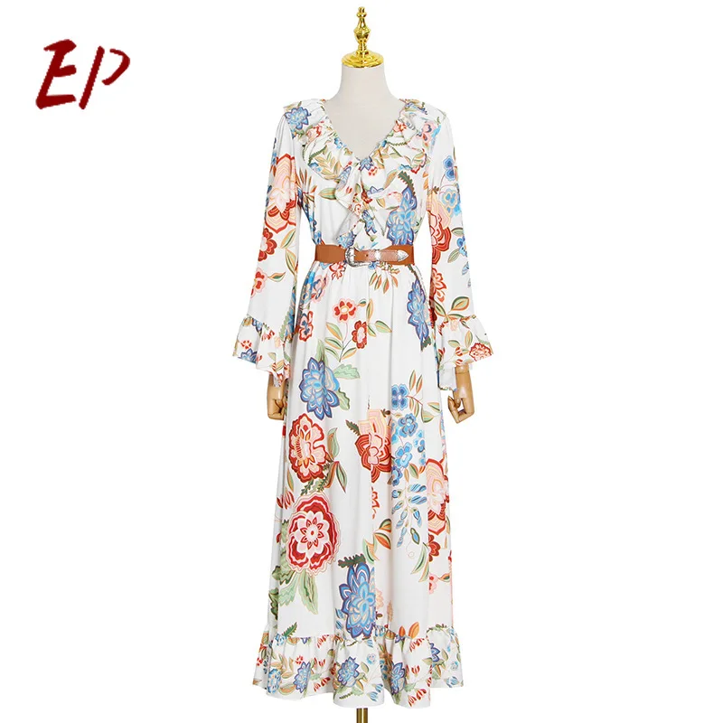 

EP 2021 Spring New Elegant Long Sleeve Dresses For Women Print Ruffles V-Neck High Waist Vintage Bodycon Dress