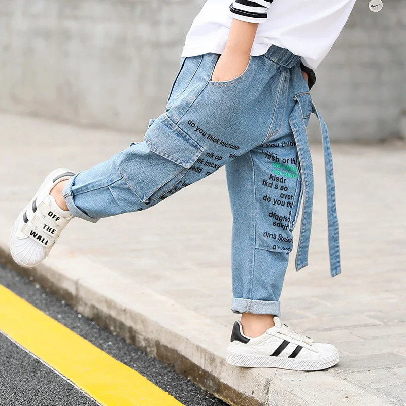 Джинсы для мальчиков детские джинсовые брюки-карго осенне-осенние повседневные