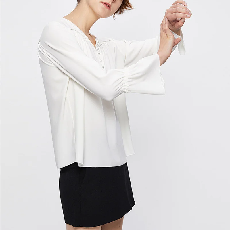 Long-sleeved Loose Shirt with V-neck Flared Sleeves and Pearl Buttons Women Shirt