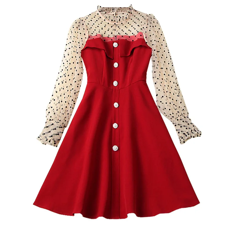 

Seifrmann Summer Women Fashion DesignerParty A-Line Dress Lantern Sleeve Ruffles Bow Dot Printed Ladies High Waist Midi Dresses