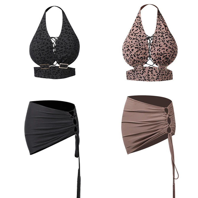 

2021 Sexy Lace-Up Halter Leopard Latin Tops With Chest Pad Drawstring Skirt Female Latin Dance Costumes Practice Clothes SL4956