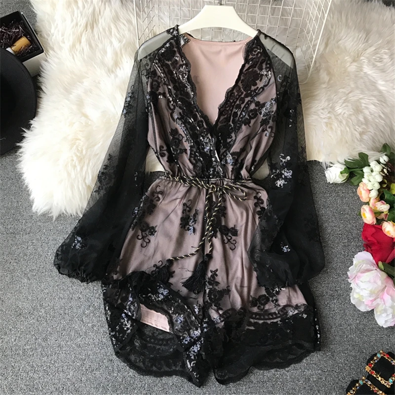 Брюки новинка весны платье брюки вышивка блестками длинные рукава v-образный