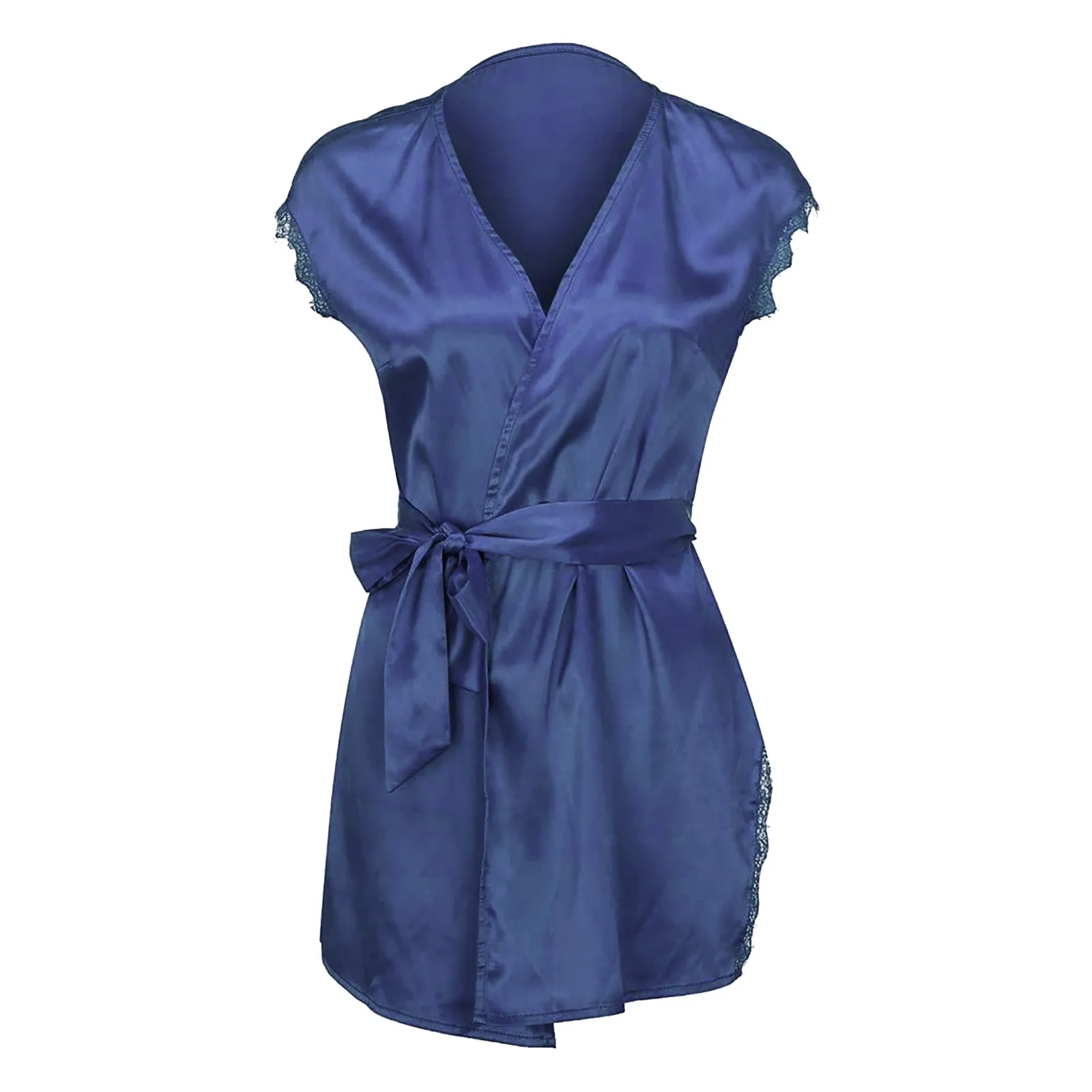 

Women Satin Robes Underwear Blue Black Red Sleepwear Dress Short Sleeve Wrap Dress With Belt Nightgown
