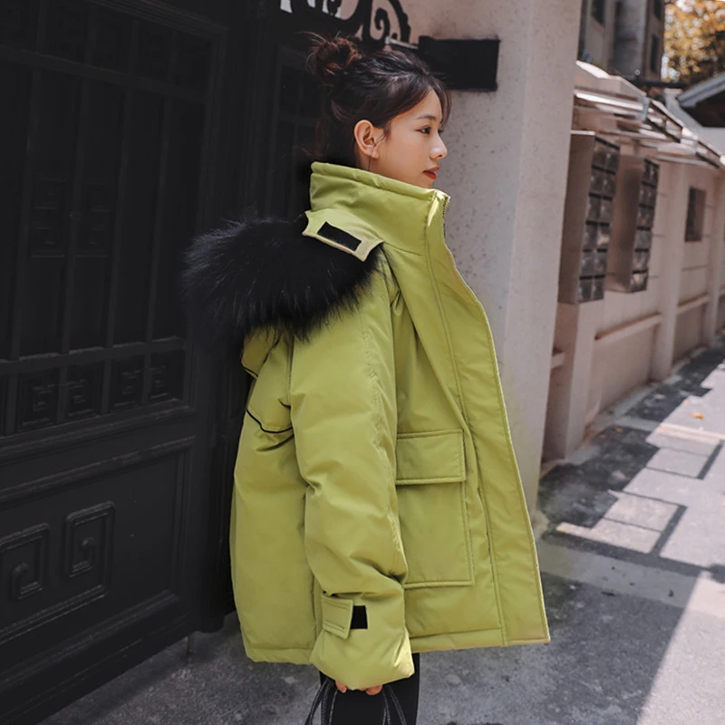 Hooded Fur Collar 2019 Winter Women's Coat Female Short Jacket With Big Pocket Fashion Cuff Design Cotton Padded Autumn Outwear