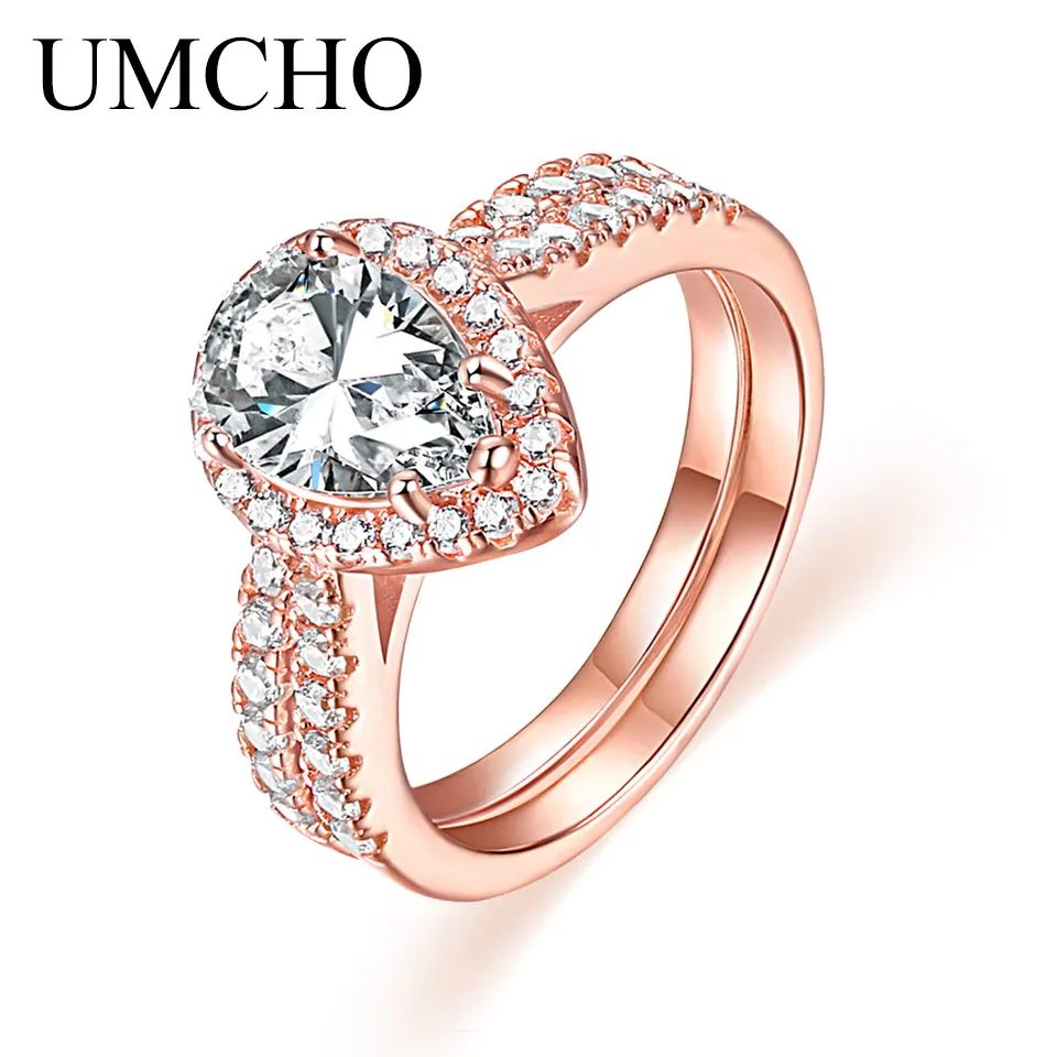 

UMCHO Water Drop Clear Stone Genuine 925 Srerling Silver Jewelry Double Rings For Bride Wedding Gift Fine Jewelry