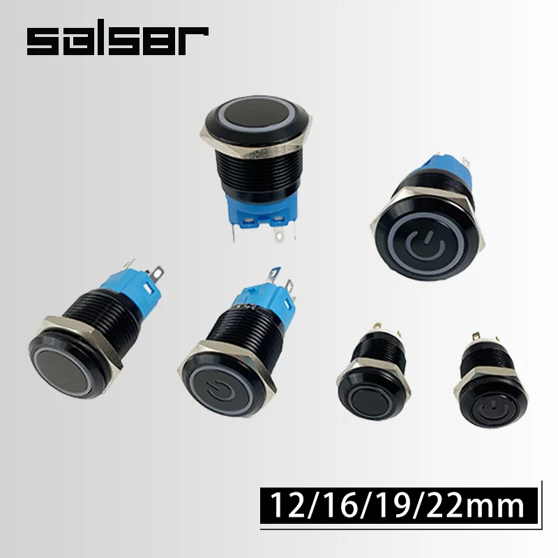 

12/16/19/22mm Waterproof LED Light Flat Power Mark Momentary Reset Latching Fixed 6V 12V 220V Black Metal Push Button Switch