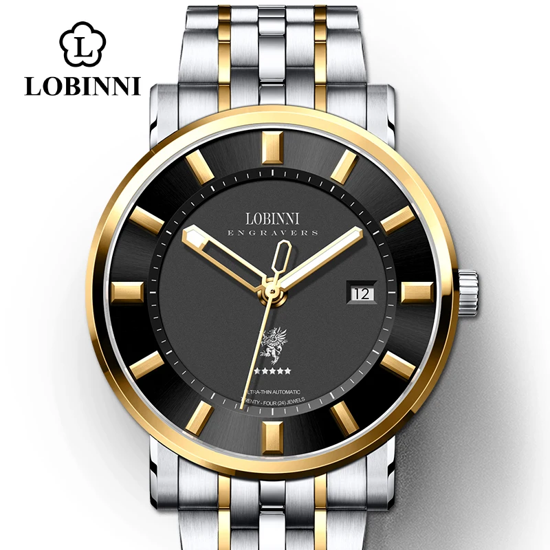 gold-black-steel Швейцария LOBINNI Топ люксовый бренд часы для мужчин сапфир relogio Япония MIYOTA автоматические механические мужские часы - Цвет: gold-black-steel