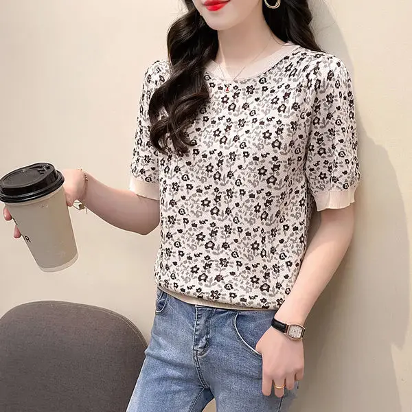 

Jacquard short sleeve T-shirt women's summer new loose round neck top bottom sweater