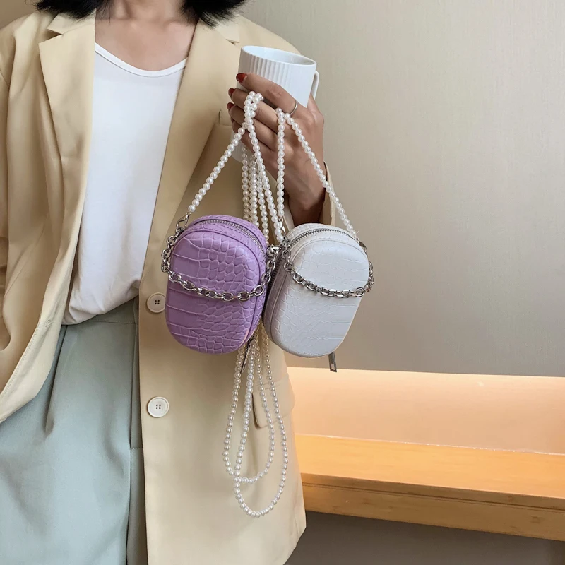 Мини-сумки через плечо с крокодиловым узором и жемчужной цепочкой для женщин 2020