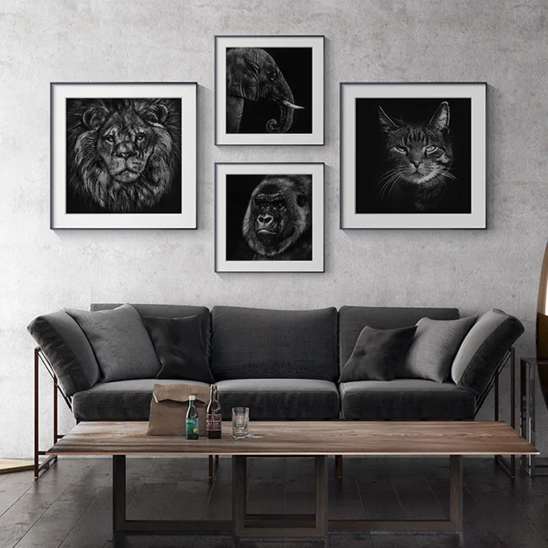 Вдохновляющие картины Лев кот обезьяна холст искусство на черном фоне
