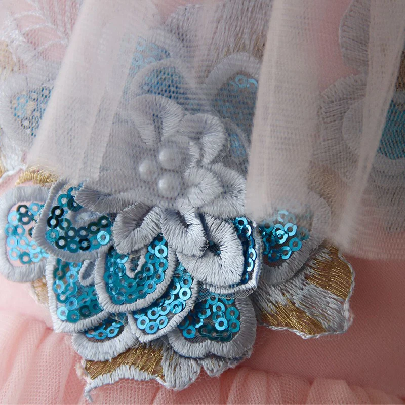 

Flower Girls Dresses Illusion Appliques O-Neck Tulle Lace Embroidery Sequined Pearls Ankle-Length Kids Party Princess Gown F385