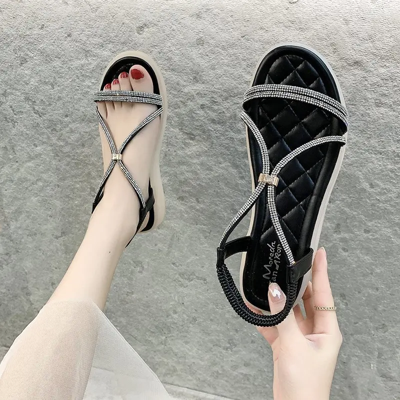 

Clear Heels Female Sandal Low-Heeled Shoes With Strap 2021 Summer Anti-Skid All-Match Girls Low-heeled Beige Gladiator Flat Fash