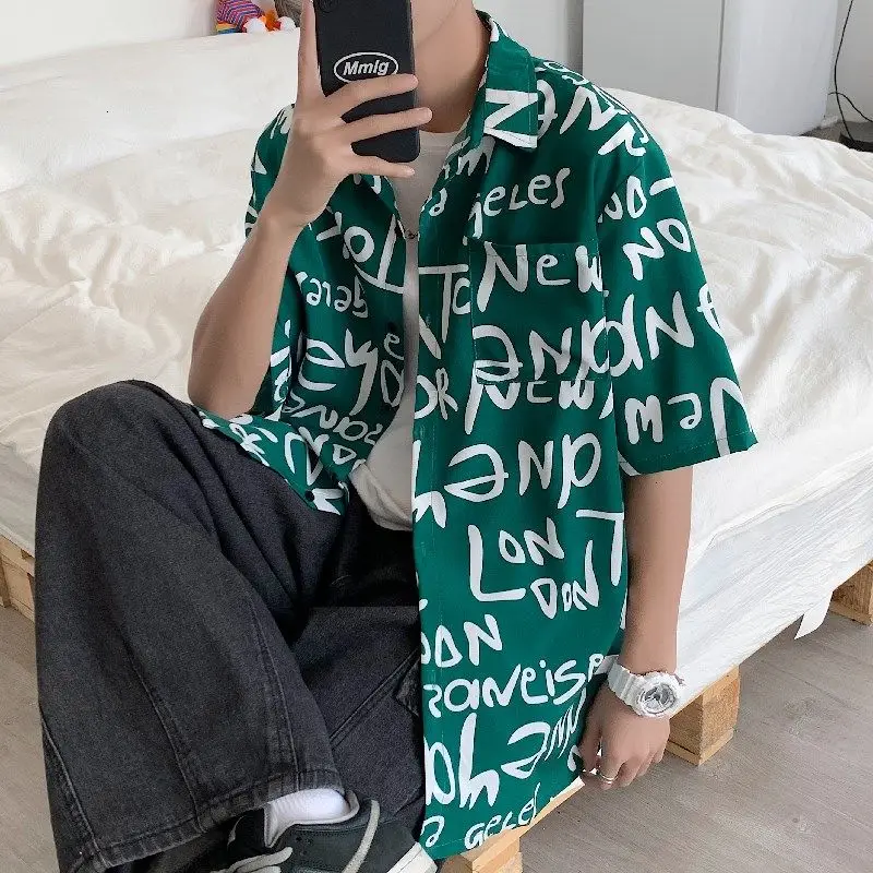 

2021 Men's Shirt Loose Summer Printed Ice Silk Short Sleeve Youth Trend Floral The New Listing Fashion College The Letter