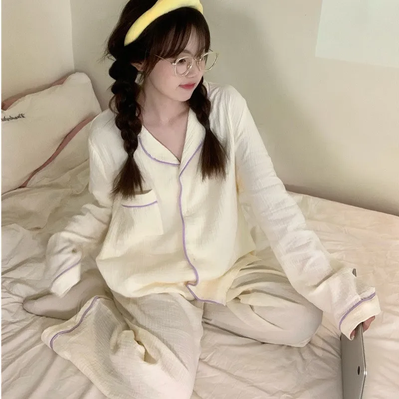 

comfortable cotton gauze women autumn pajama set apricot winter home clothes pants homewear trousers pyjamas 2pcs soft L787