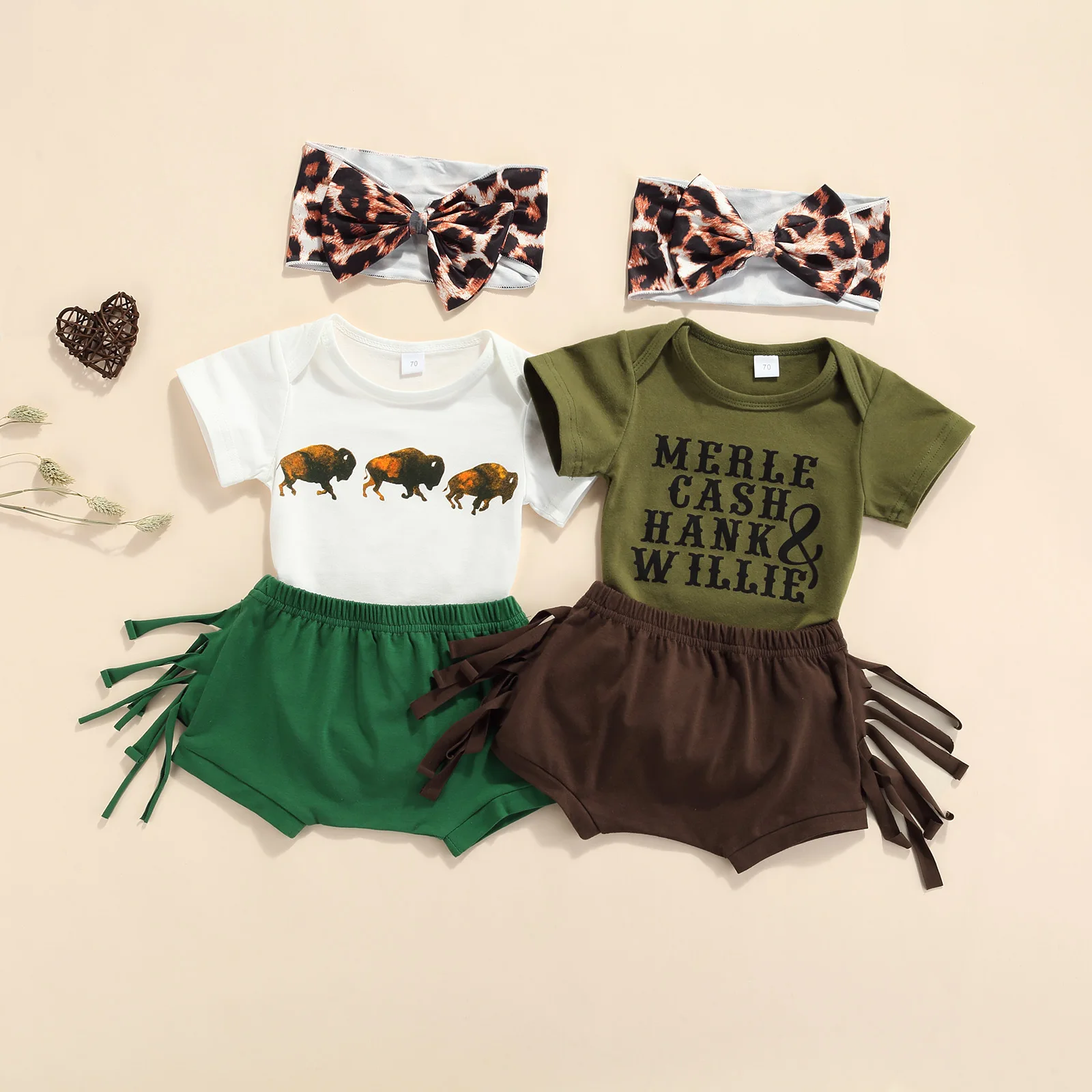 

Summer Lovely Baby Girls Boys Clothes Sets Printed Short Sleeve Romper Tassel Shorts Headband 0-18M