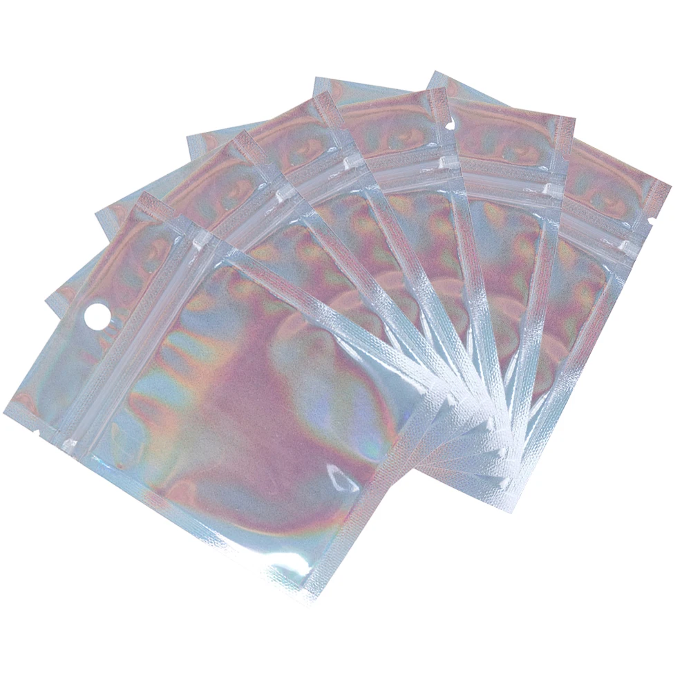 

100pcs 5 Sizes Laser Ziplock Bag Cosmetic One Side Clear Holographic Jewelry Bag Aluminum Foil Zip Lock Bags Thick