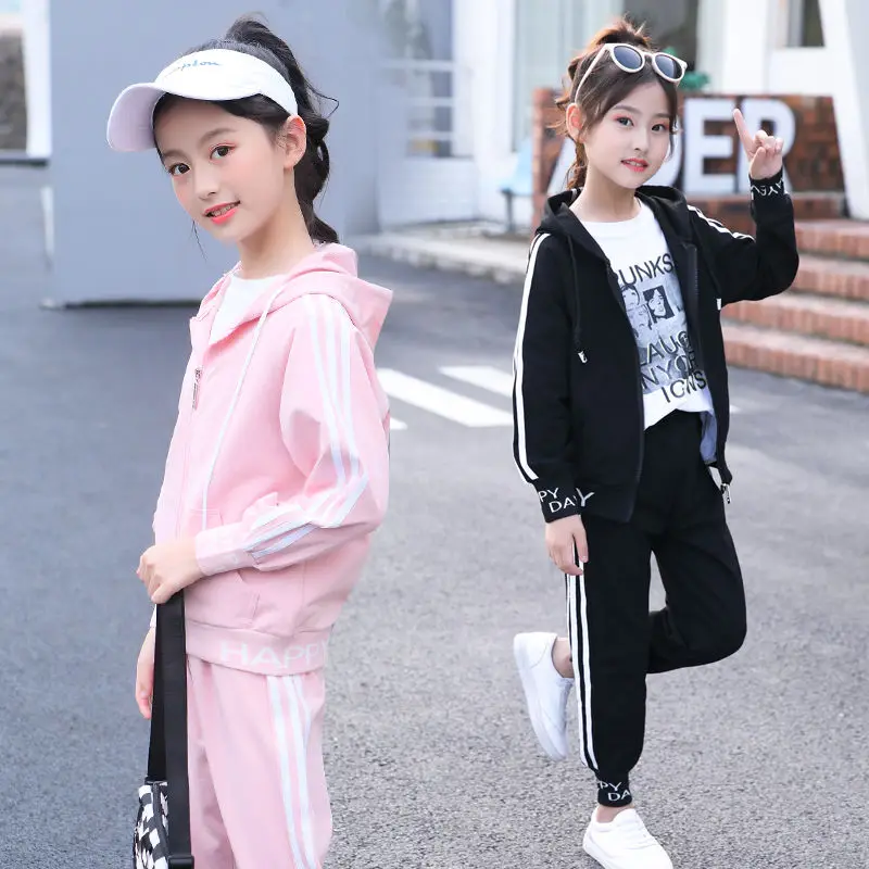 Fashion Big Girls Sports Suits stripe pink and Black Clothing Set for Teenage Autumn Tracksuit Kids Plus Size Sportswear 8 10 12 |