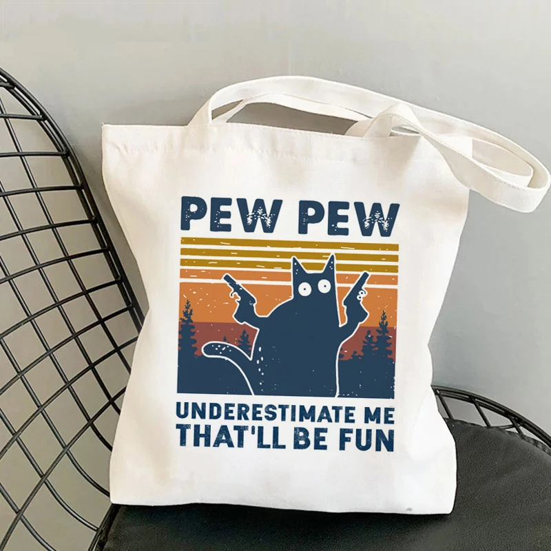 

Double Gun Cat Pew Pew Women Shopper Bag Cute White Canvas Bag Shopping Tote Bag Vintage Korean Handbag Women Shoulder Bag 2022