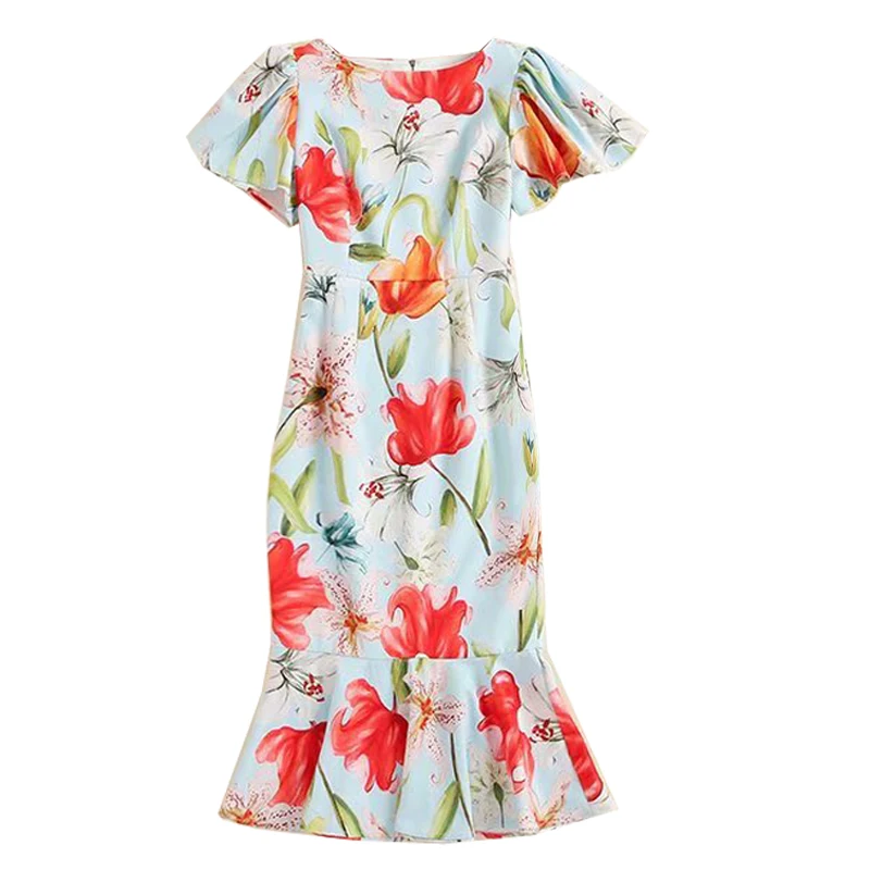 

JCHB 2021 summer new catwalk women's fashion slim mid-length short-sleeved printed dress temperament