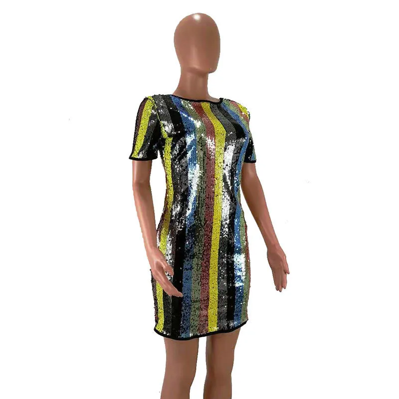 Разноцветное Радужное платье с пайетками женское сексуальное коротким рукавом