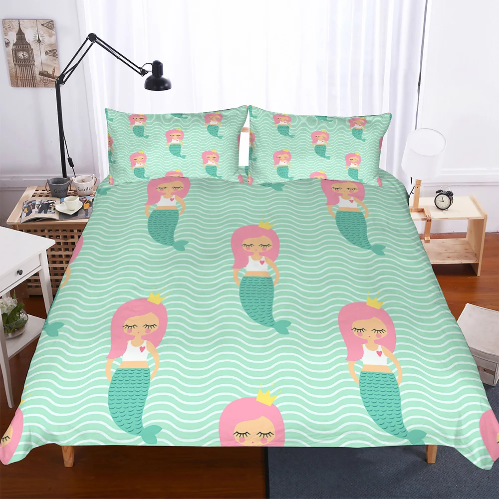 

Comforter Set Bedding Cover Cartoon Mermaid Beauty Printed Bedroom Clothes with Pillowcases Queen Double Size