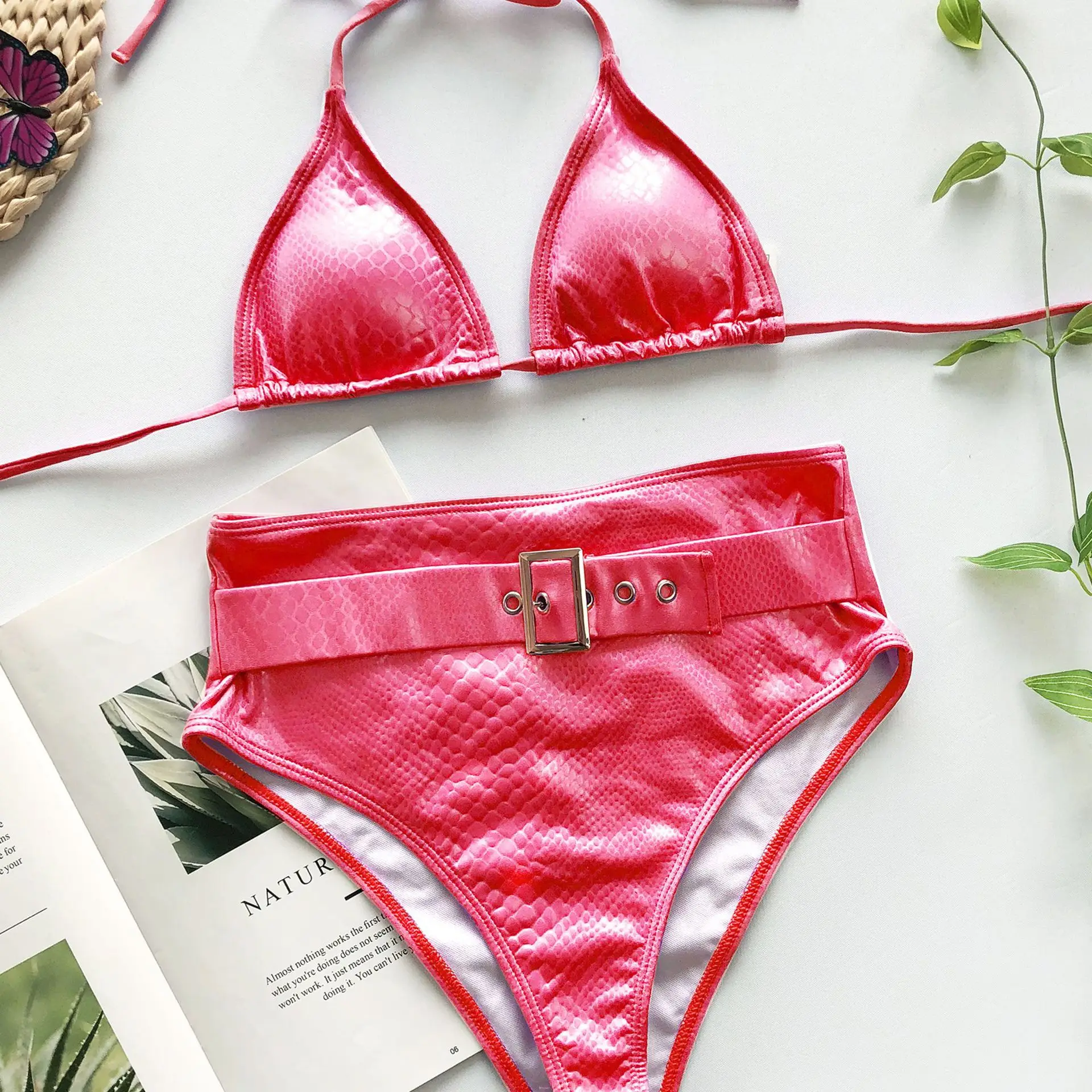 

Imayio Pu leather swimsuit high waisted Women bikini set shining swimwear