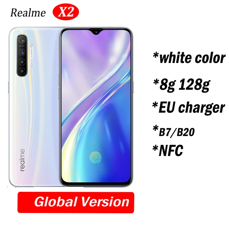 8g128 white global Realme X2 X 2 Мобильный телефон Snapdragon 730G 64MP камера 6,4 ''полный экран NFC OPPO мобильный телефон VOOC 30W быстрое зарядное устройство - Цвет: 8g128 white global