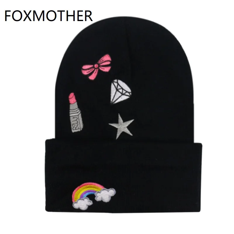 FOXMOTHER Новые Зимние Модные Черные Серые радужные алмазные звезды помады вышивка шапочки шапки для женщин кепки для девочек капот femme