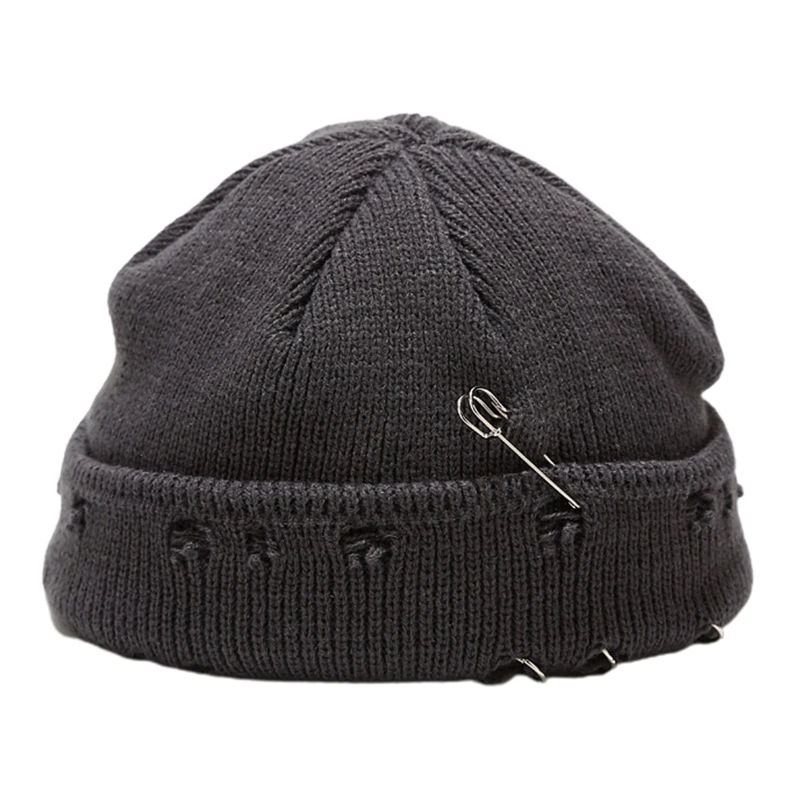 

Winter Knit Beanie Hat with Pins O-Ring Distressed Hole Cuffed Melon Skull Cap 649C