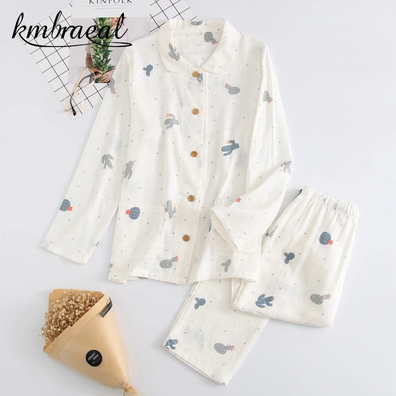 

Women's Pajamas Set Cotton Double Gauze Cartoon Sleepwear Cactus Cute Long-sleeved Trousers Two-piece Home Service Soft Homewear