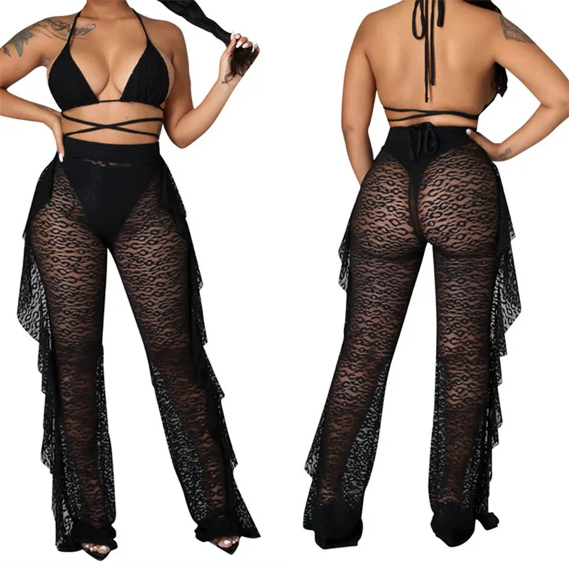 

KEXU Lace Swimsuits 3 Piece Sets Tie Up Bandage Halter Strapless Bra +Panties+Fungus Long Pants Party Club Beach Holiday Suits