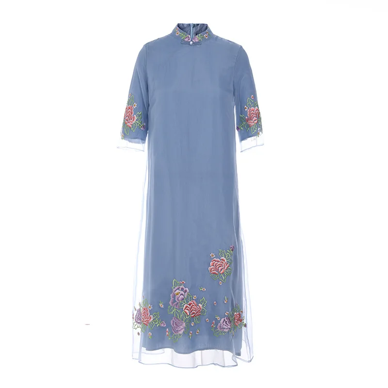 

Top Quality Brand Chinese 2020 Fall Women Luxurious Embroidery Midi Party Elegant White Blue Dress Vestidos Femmes