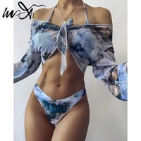 in x tie dye print 3 piece swimsuit female sexy mesh bikini 2021 long sleeve swimwear women knot biquini beach wear bathing suit