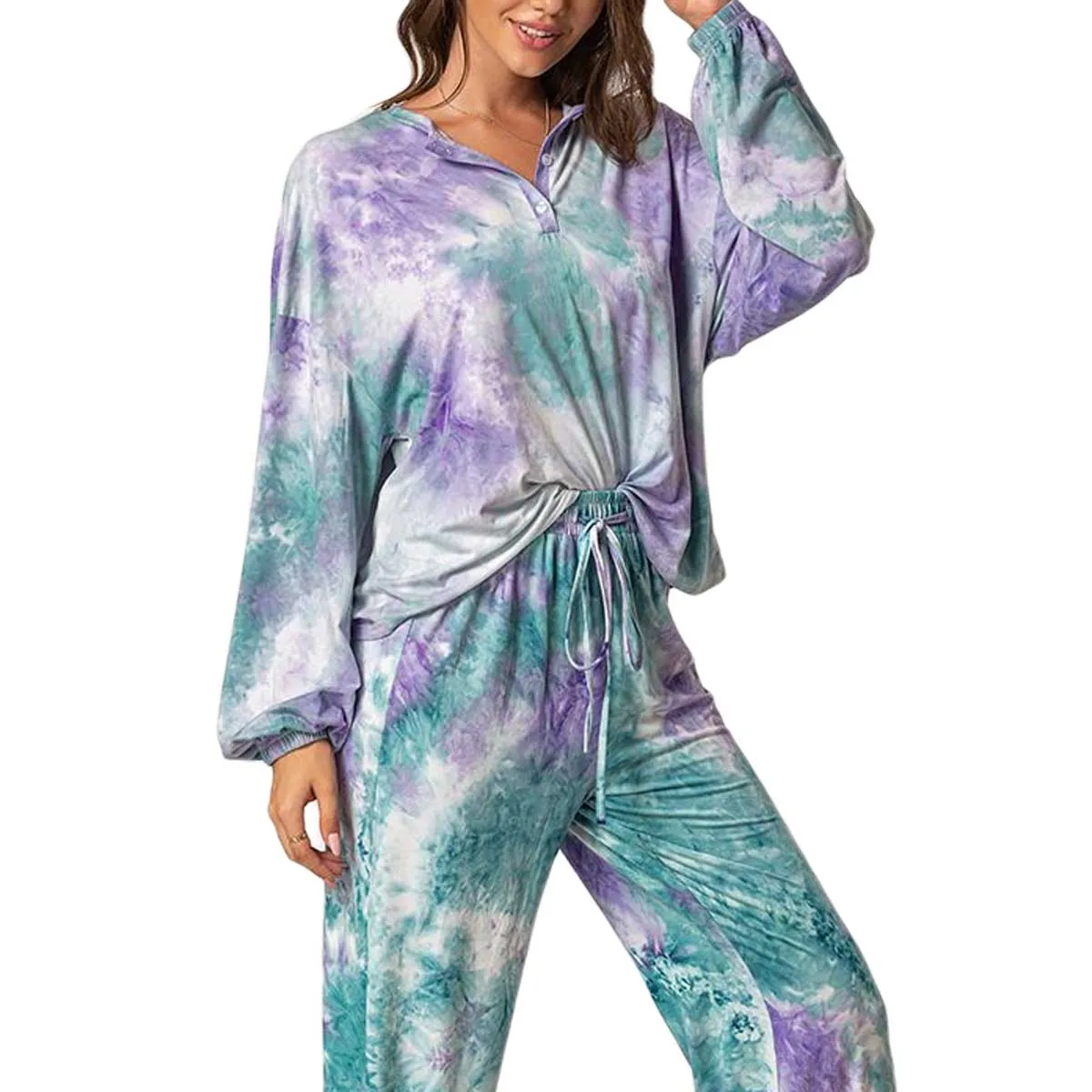 

2020 Women's Tie-dye Slim Suit Long Sleeve Long Pants V-neck Elastic Emboitement Two-pieces Casual Set for Spring Autumn