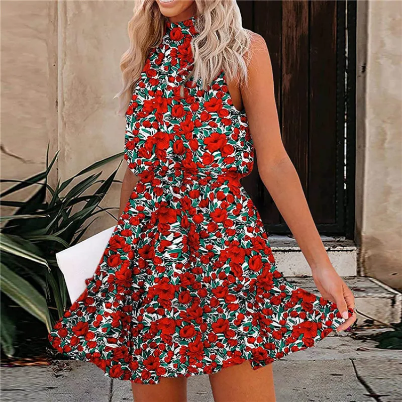 

Printed Dress Ladies Summer Halter Dresses Fashion Mid-Length Skirt Loose Strapless Robes Party Outfits Clubwear Female 2021 New