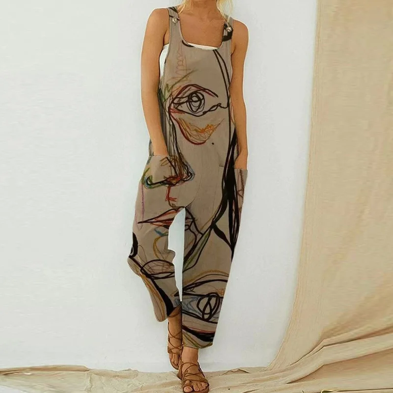 

Loose Jumpsuit Romper Overalls Women Elegant Strappy Casual Ladies Sleeveless 2021 Summer ELegant Geometry Print Bodysuit