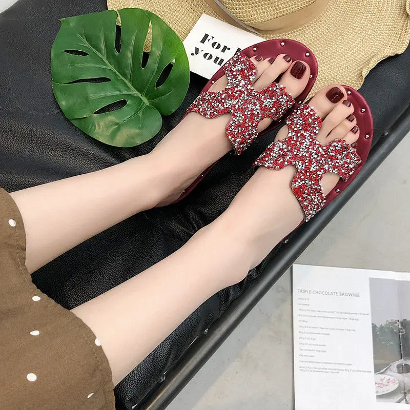 Summer New Women Slides 2021 Lady Fashion Solid Color Flat Shoes Sandals Red Bling Sequins Women's All-match Casual Slippers