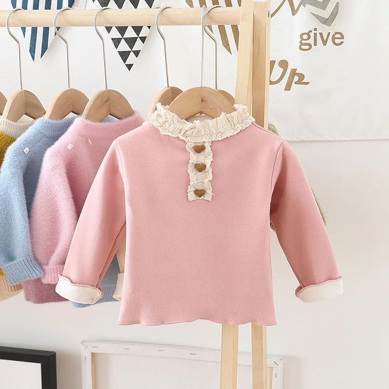 Pink Зимняя детская футболка принцессы для маленьких девочек, коллекция года, осенняя Вельветовая Базовая футболка с длинными рукавами и кружевными пуговицами топы, S10021 - Цвет: Pink