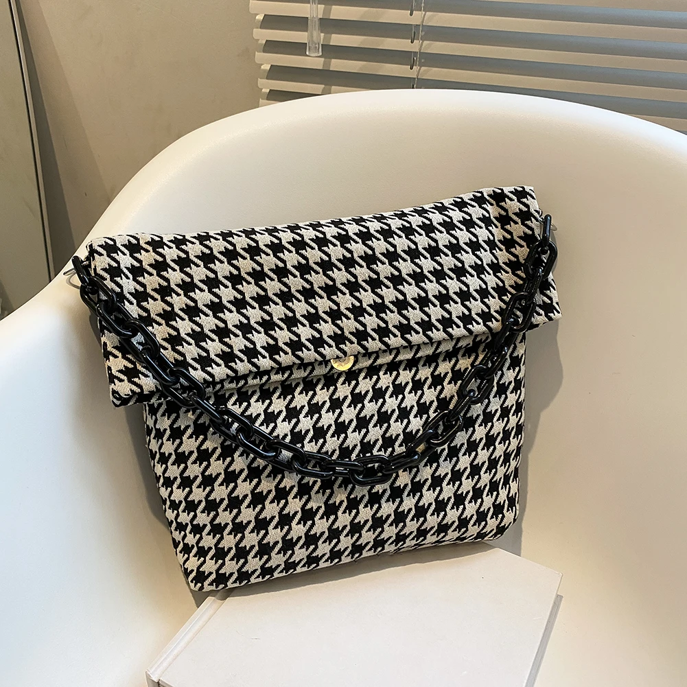

Fashion Women Jacquard Canvas Houndstooth Printing Shoulder Shopping Bag Casual Ladies Chain Large Capacity Tote Handbags