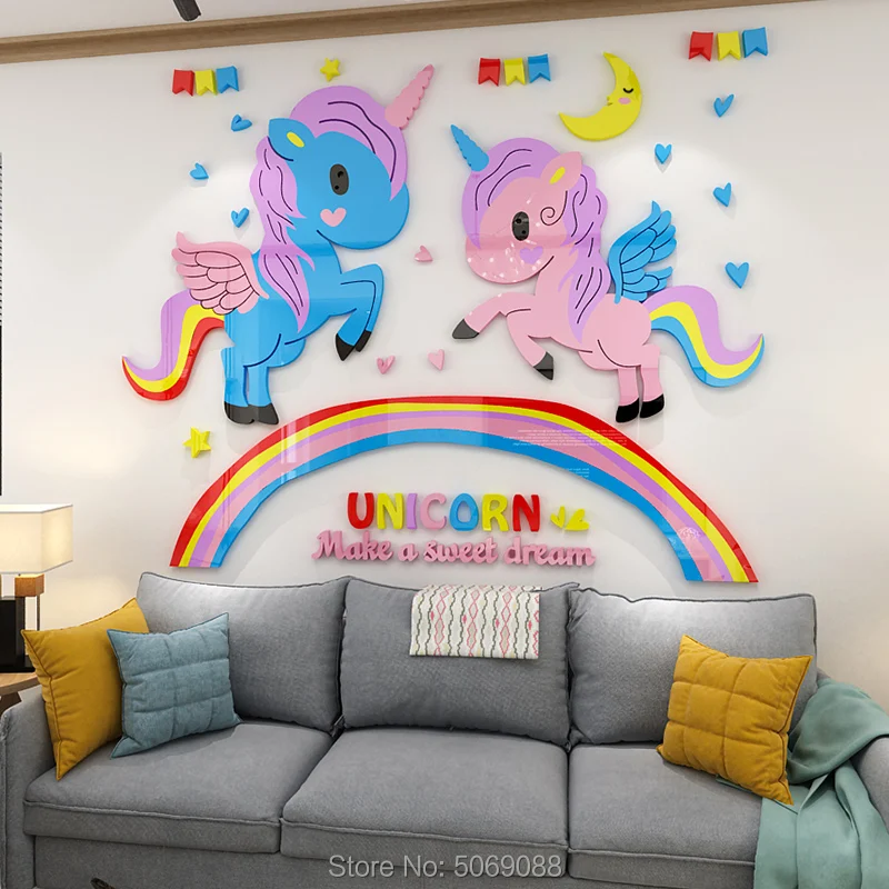 

Единорог 3D наклейки на стену мультфильм детская комната украшение стены прекрасный творческий Теплый Девушка сердце
