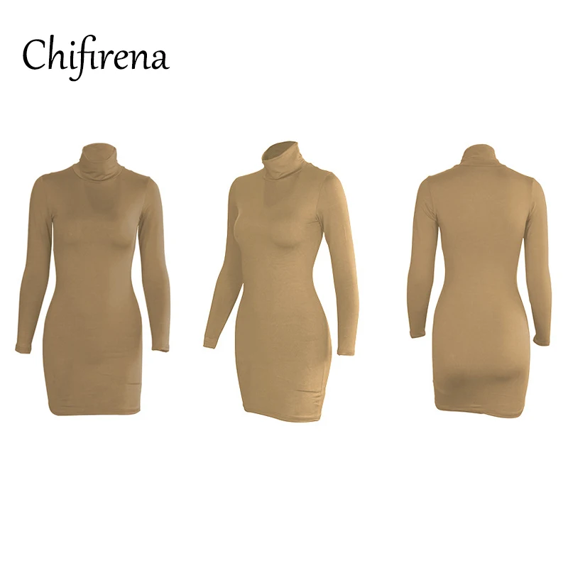 

Chifirena 2020 Autumn Sexy Bodycon Dress Women Turtlenec Long Sleeve Vestidos Slim Elegant Party Basic Simple Bandage Dresses