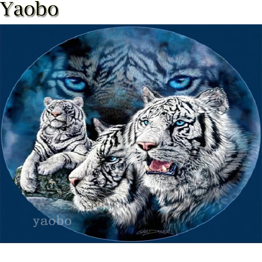 

Алмазная 5D картина, Новое поступление, полностью круглая Алмазная вышивка, Набор для вышивки крестиком с изображением семьи Белых Тигров и животных, мозаика «сделай сам», Декор