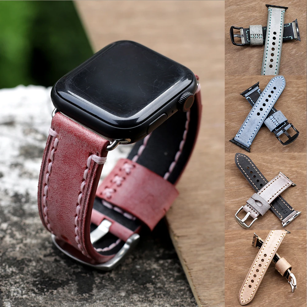 Vintage Leather Watchband Replacement for Apple Watch Band 44mm 40mm 42mm 38mm Series 4 3 2 Handmade Watch Strap