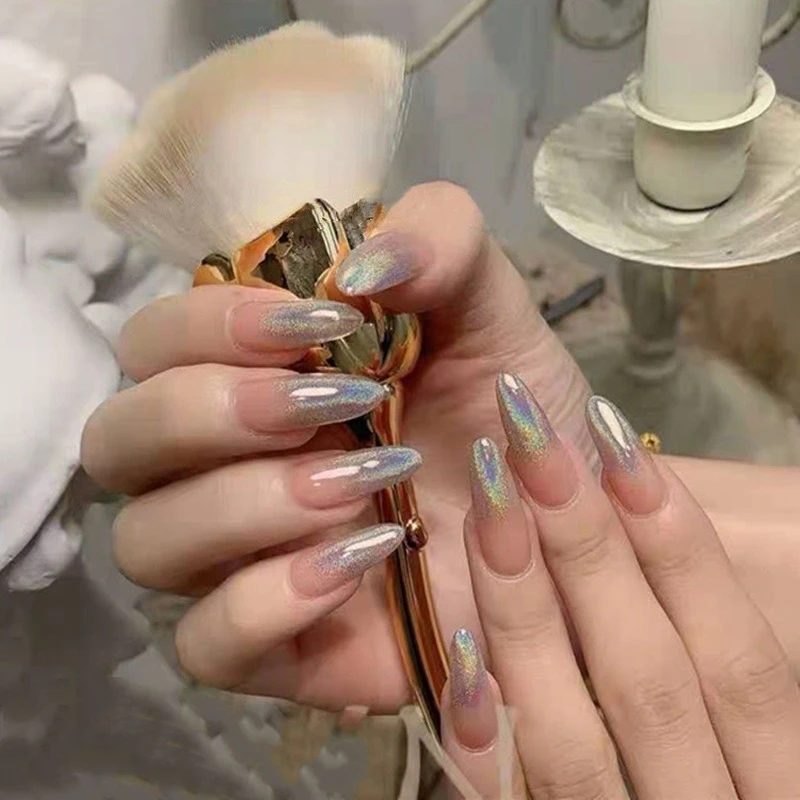 

Градиентные серебряные накладные ногти, длинные с светоотражающим лазерным эффектом, накладные ногти телесного цвета для вечеринки, набор ...