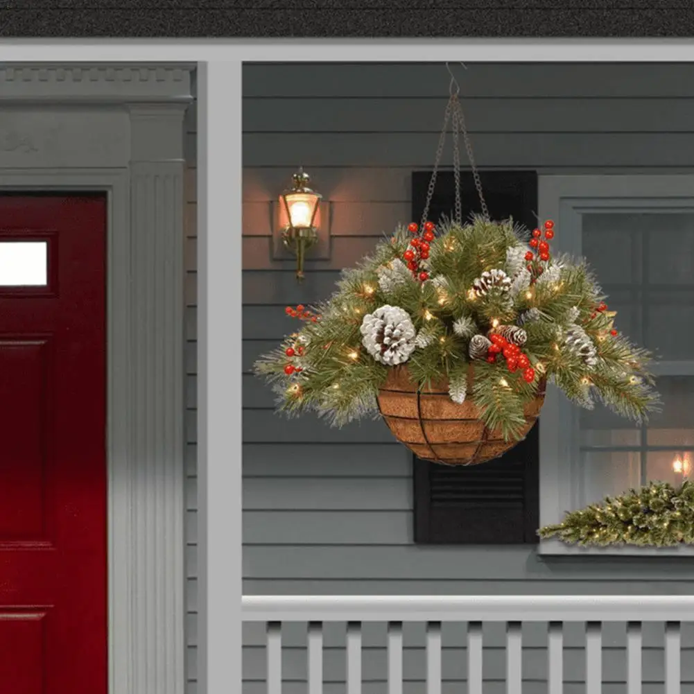 

Christmas Decoration Hanging Pine Basket With LED Lights Handmade Hanging Basket Door Hanging Decor For Indoor Outdoor