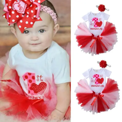 

Free Shipping 3Pcs Baby Girls Clothes Tulle Bandage Geometry Skirts Flower Headband My 1st Valentine's Day Bodysuit