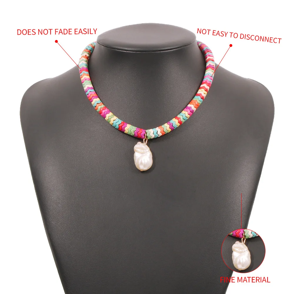 

2021 NEW Trendy Colorful Wave Soft Tone Irregular Pearl Pendant Bohemia Summer Holiday Necklace for Women Party Choker Jewelry