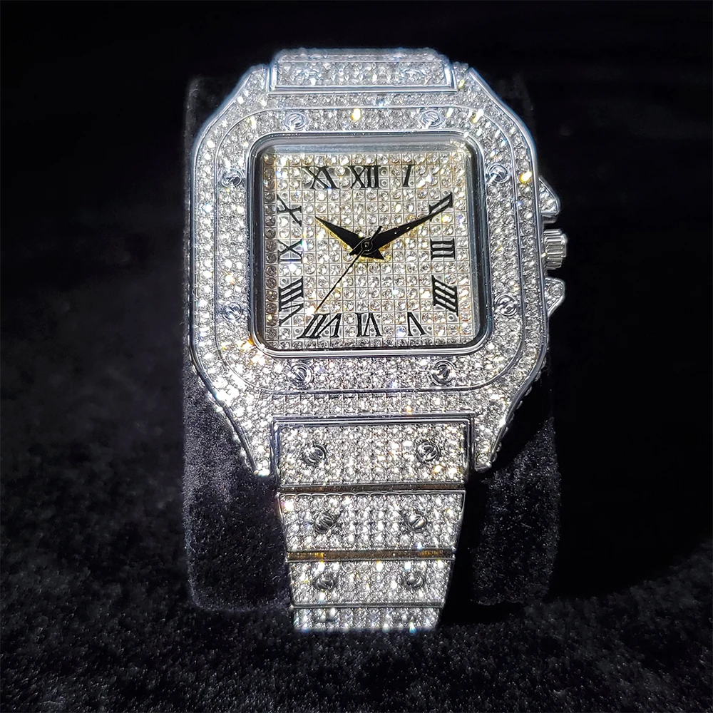 Hip Hop MISSFOX Rectangle Watches for Men Luxury Hiphop Full Iced Out Watches Sliver Diamond Quartz Wristwatch Gifts Men Watch full bling iced out watch for men hip hop rapper quartz mens watches wristwatch clasic square case diamond fashion men watches